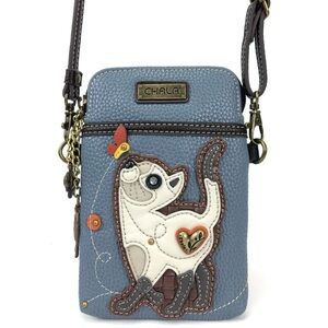 Chala Light Blue Cat Applique Crossbody Phone Bag with Brown Accents